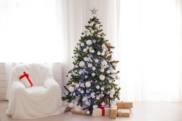 白色的房间装饰圣诞圣诞树新年礼物图片下载