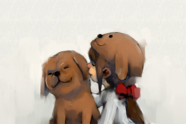 数字绘画一套女孩在小狗帽子与她的狗，丙烯酸在画布纹理，讲故事的插图素材图片