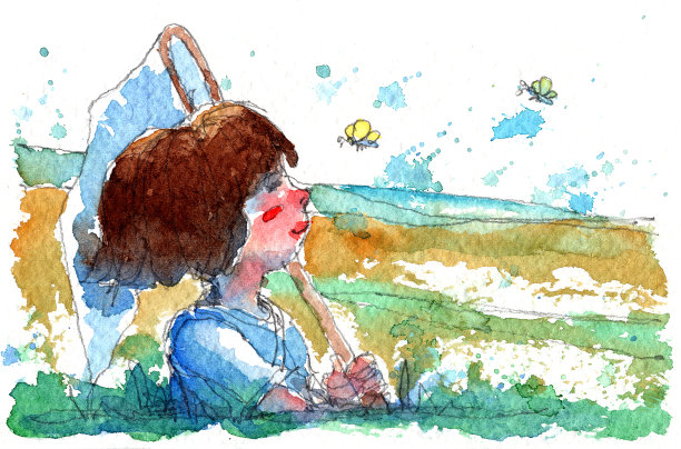 水彩画插画集的女孩在一个领域与昆虫网，传统艺术品扫描素材图片