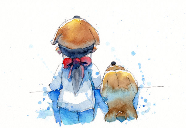 水彩画插图的女孩在小狗帽子素材图片