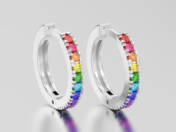 3D插图白金或银色装饰耳环铰链锁与彩色钻石图片下载