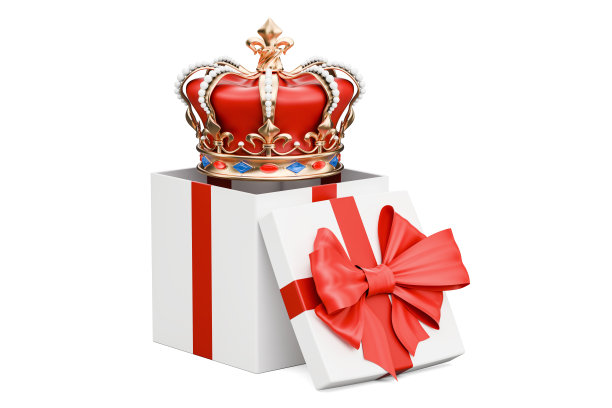 金色皇冠礼盒，白色背景上独立3D渲染图片下载