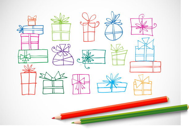 白色背景上的彩色涂鸦礼品盒图片下载