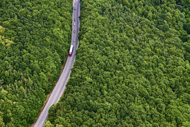 鸟瞰图的道路与交通通过森林景观图片下载