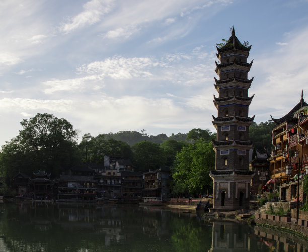 蓝天背景下的亚洲古塔寺庙佛教中心素材图片