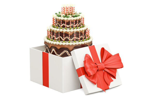 生日蛋糕内礼盒，3D渲染孤立在白色背景图片下载