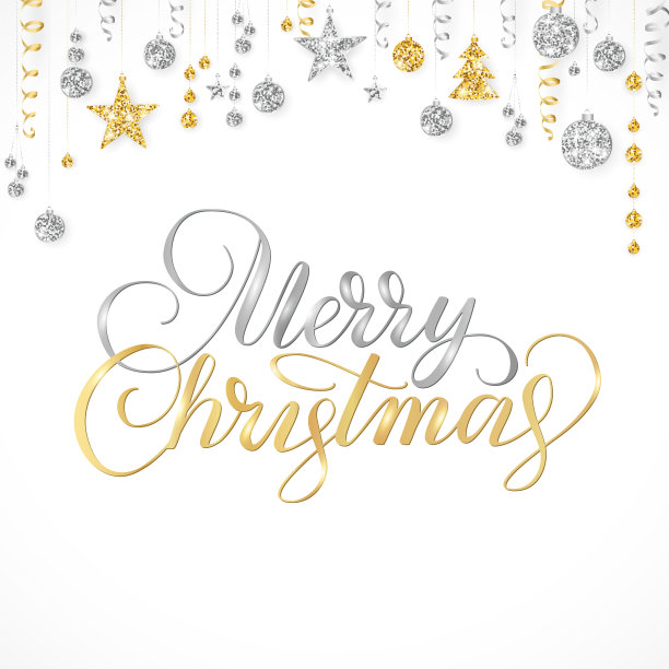 手写的圣诞快乐。金色和银色的亮边，花环上挂着球和丝带。图片下载