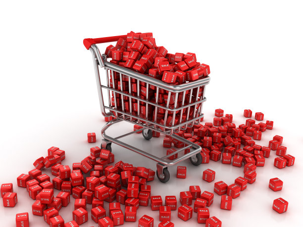 购物车与销售立方体- 3D渲染图片下载