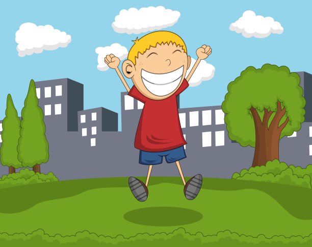 可爱的男孩在公园跳跃与城市背景卡通图片下载