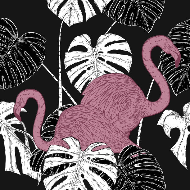 芭蕉叶和火烈鸟矢量图案在vintage背景。图片下载