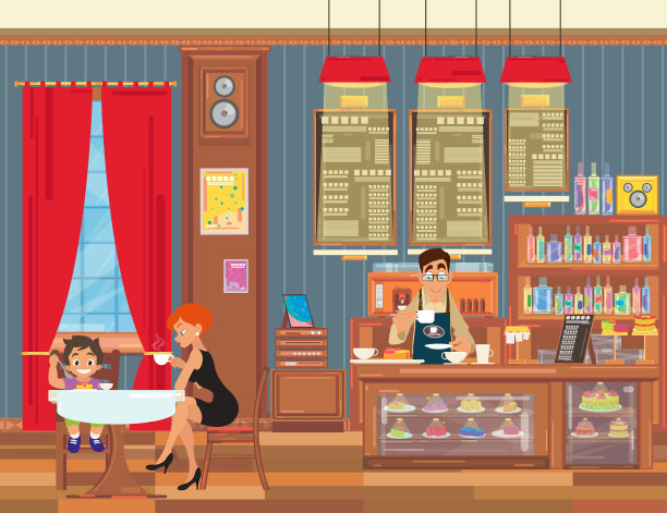 男孩和他的母亲在餐馆吃饭。图片下载