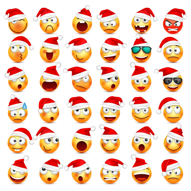 笑脸,表情符号。黄色的脸带着情绪和圣诞帽。新年,圣诞老人。冬季emoji。伤心,高兴,生气的脸。有趣的卡通character.Mood。向量图片下载