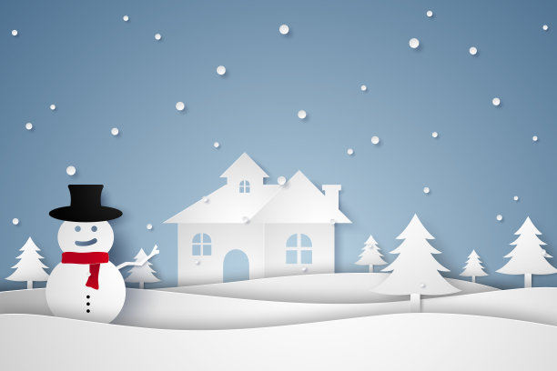 圣诞快乐，新年快乐，冬季景观有雪人和房子，纸艺术风格图片下载