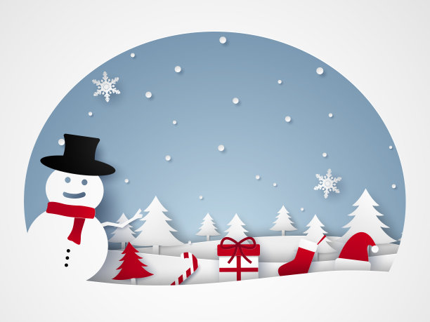 圣诞快乐，新年快乐，冬季景观雪人和装饰在框架，纸艺术风格图片下载