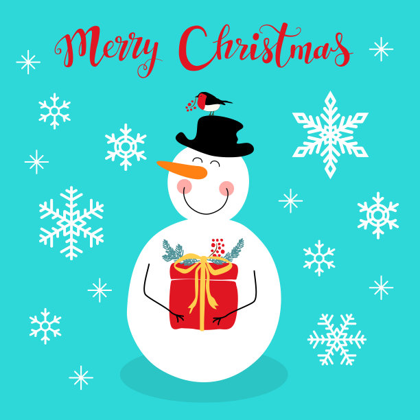 可爱的圣诞贺卡与手绘卡通人物的雪人，雪花和字母图片下载