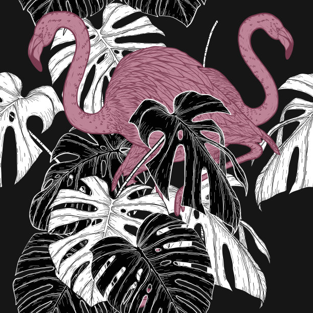 芭蕉叶和火烈鸟矢量图案在vintage背景。图片下载