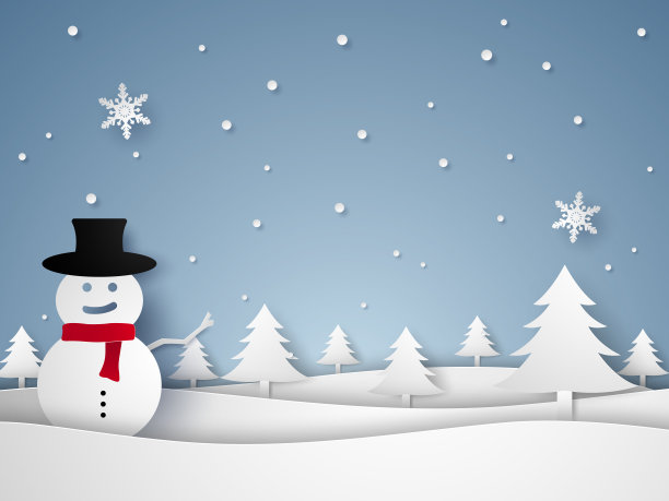 圣诞快乐，新年快乐，冬天山水堆雪人，纸艺术风格图片下载