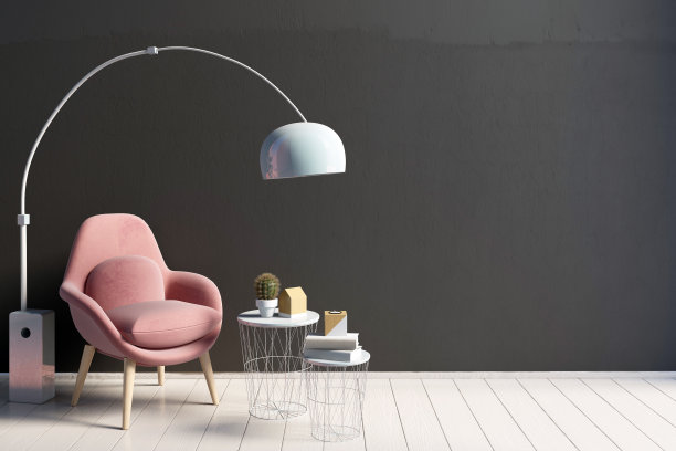 现代室内装饰，配有咖啡桌和椅子。墙模型。3 d演示。图片下载