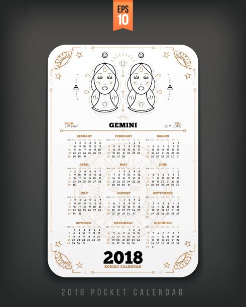 双子座2018年生肖日历口袋大小垂直布局白色设计风格矢量概念插图图片下载