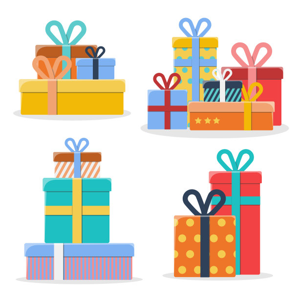 一套不同的彩色礼品盒上的白色背景素材图片