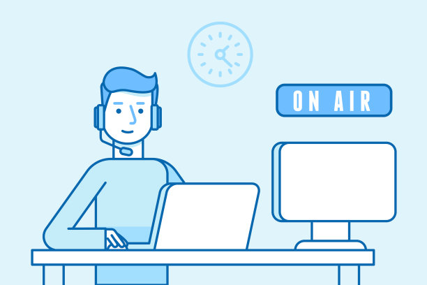 扁平线性蓝色风格广播员矢量图：直播中的男人图片下载