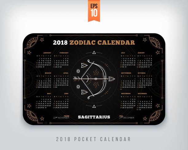 射手座2018年生肖日历口袋大小水平布局黑色设计风格矢量概念插图图片下载
