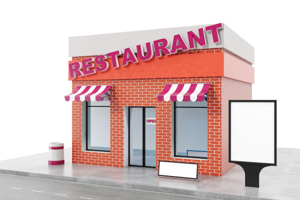 餐厅商店与复制空间板隔离在白色背景。现代化的商店建筑，商店立面。外部市场。店面外立面，3D效果图图片下载