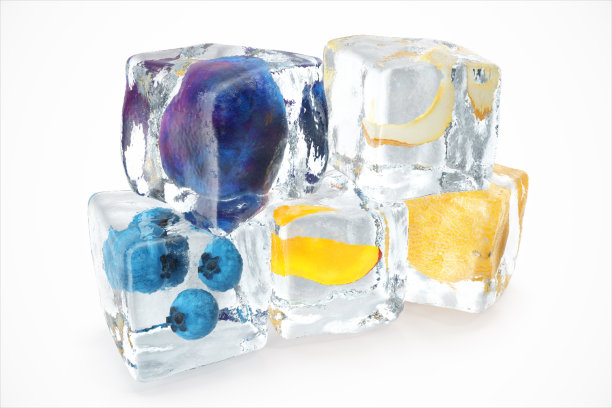 冰块中的水果孤立在白色上，具有景深效应。新鲜浆果的冰块。冻在冰块中的浆果和水果，3D渲染图片下载