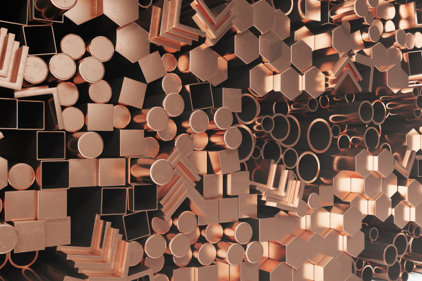 圆柱铜钢型材，六角铜钢型材，方形铜钢型材。不同铜钢制品，3D插图图片下载