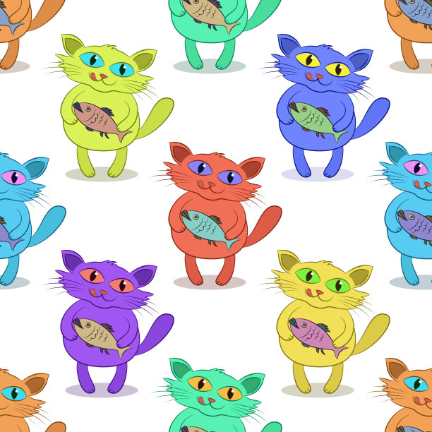 猫和鱼，瓷砖图案图片下载