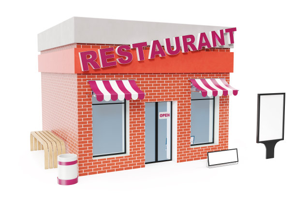 餐厅商店与复制空间板隔离在白色背景。现代化的商店建筑，商店立面。外部市场。店面外立面，3D效果图图片下载