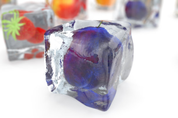 冰方梅孤立在白色上，具有景深效果。新鲜浆果的冰块。冻在冰块中的浆果和水果，3D渲染图片下载