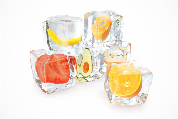 冰块中的水果孤立在白色上，具有景深效应。新鲜浆果的冰块。冻在冰块中的浆果和水果，3D渲染图片下载