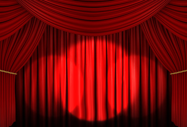 红色舞台窗帘与聚光灯，3d插图图片下载