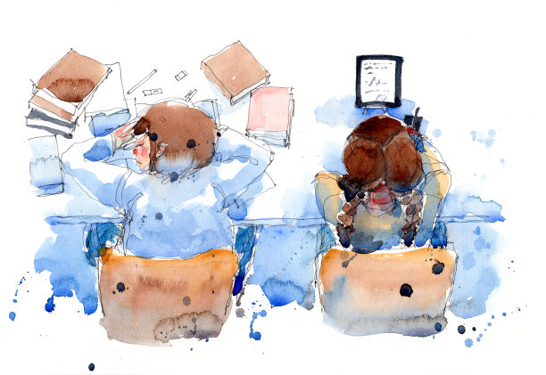 水彩画插画集的女孩与电子阅读器和她的朋友与书籍堆，传统艺术品扫描素材图片