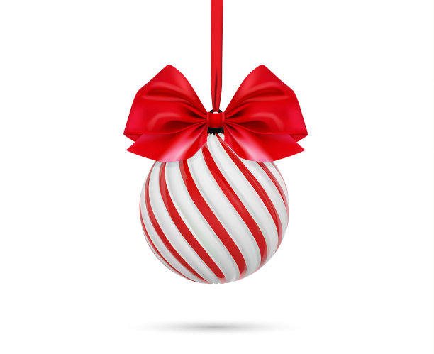 矢量圣诞球在白色和红色与红色的蝴蝶结和丝带。扭曲的圣诞树球在白色的背景图片下载