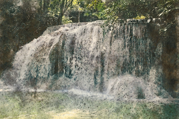 抽象美丽的瀑布在绿色水彩画的背景。图片下载