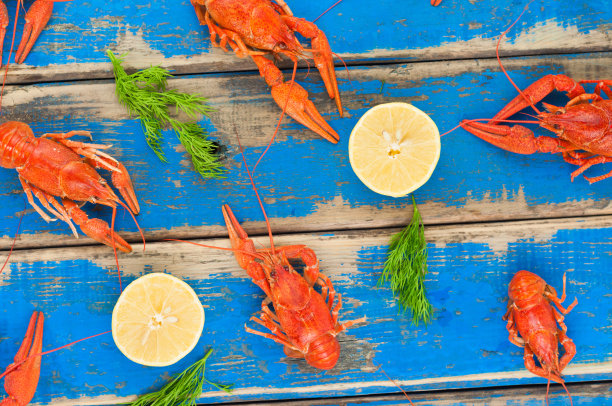许多分散的红色煮小龙虾，小茴香和两半新鲜柠檬在旧的乡村的蓝色木板上图片下载