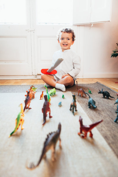 男孩在玩玩具恐龙图片下载