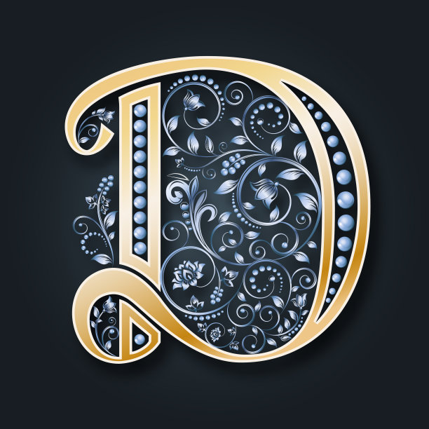 向量字母d黄金字母表。纹章的象征。名字的首字母。字母组合。的婚礼。图片下载