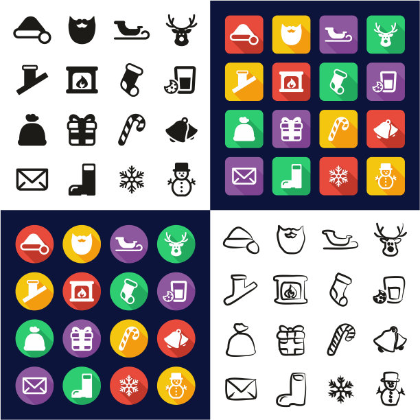 圣诞老人所有在一个图标黑白颜色平面设计徒手集图片下载