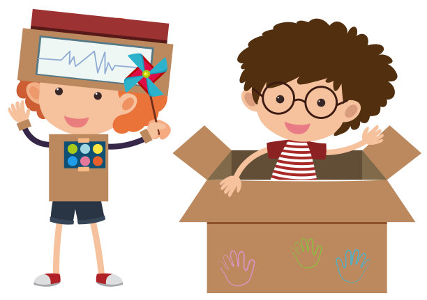 两个男孩穿着用纸箱做的服装图片下载