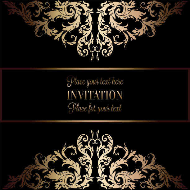 复古的黄金邀请或婚礼卡上的黑色背景，分隔，标题，装饰花边向量框架图片下载