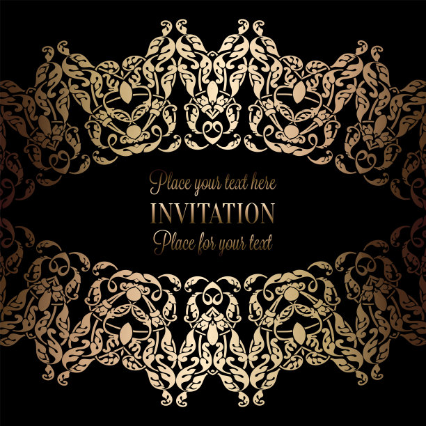 复古的黄金邀请或婚礼卡上的黑色背景，分隔，标题，装饰花边向量框架图片下载