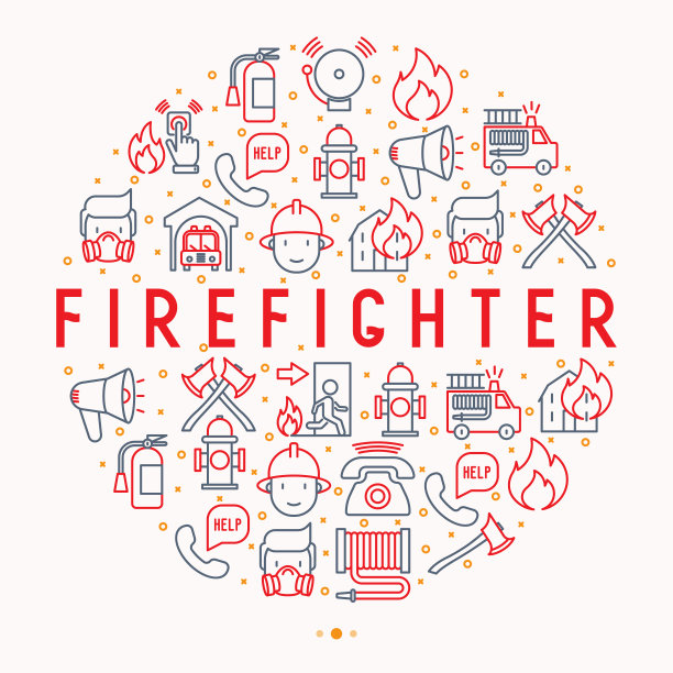 用细线图标圈出消防员概念:火，灭火器，斧头，软管，消防栓。现代矢量插图横幅，网页，印刷媒体。图片下载