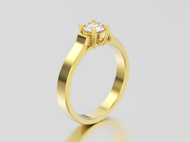 3D插图黄金单人订婚钻石戒指与影子和反射图片下载