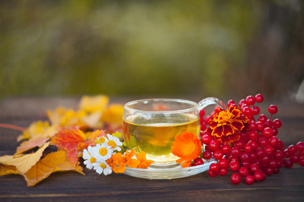 桌上漂亮的玻璃碗里盛着美味的秋茶图片下载