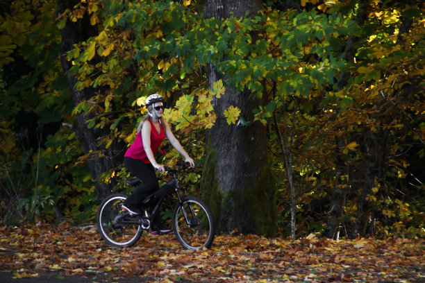 在秋天的下午骑自行车的女人图片下载
