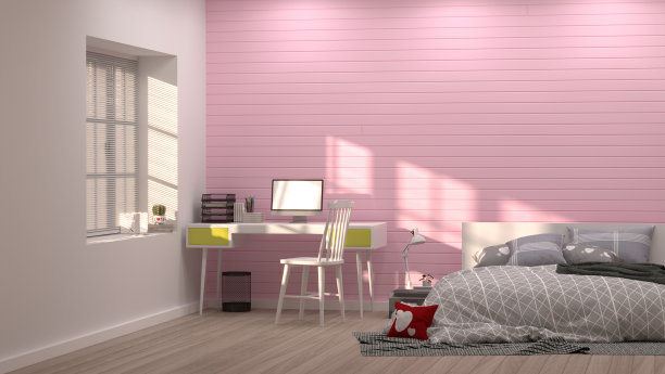 桌面时钟和水果，苹果和笔在桌子上彩色的3D渲染装饰，在粉红色的墙壁与阳光美丽的图片在卧室气氛舒适图片下载