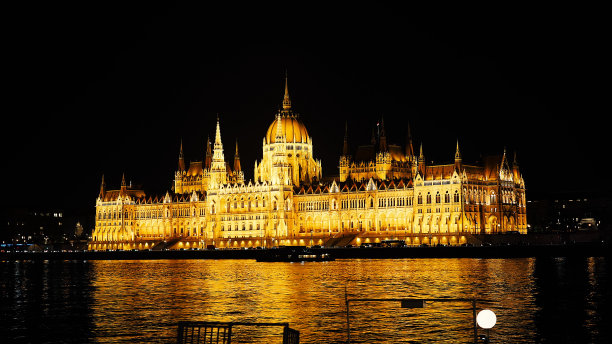 多瑙河之夜布达佩斯与议会大厦，匈牙利。布达佩斯鸟瞰图。匈牙利。图片下载